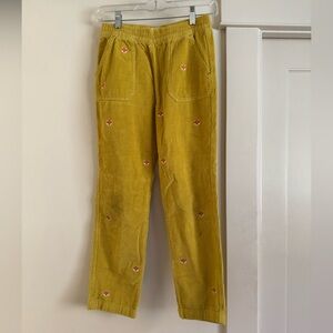 Mini Boden kids Mustard Corduroy pull on Pants with foxe Embroidery